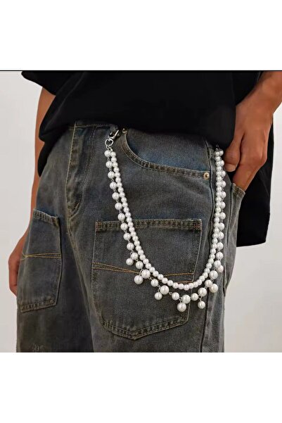 Shiklik MODA Beyaz Renk İncili Kadın Modeli Pantolon Zinciri