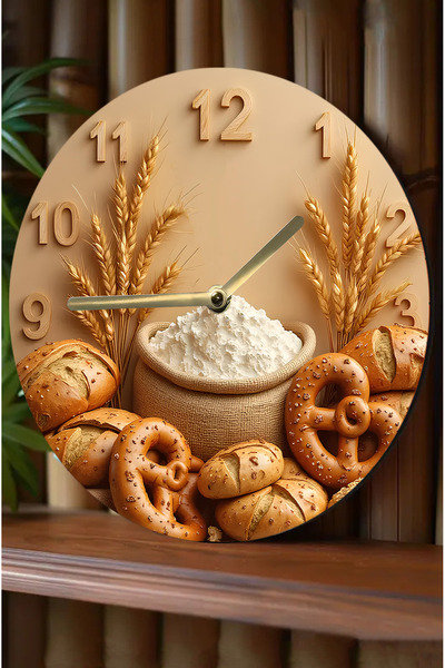 kutuTR 🌾   ساعة MDF ذات طابع الدقيق والقمح والخبز |   33 سم |   طبقة مزدوجة تصميم ريفي Sdw354