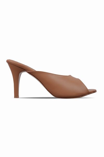 Lal Shoes & Bags Medon Women's Oval Tape Detailed Heeled Slippers-Tan