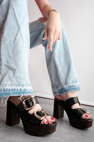 Lal Shoes & Bags Lora Women's Double Belted Big Buckle Detailed Thick Heeled Slippers-Black