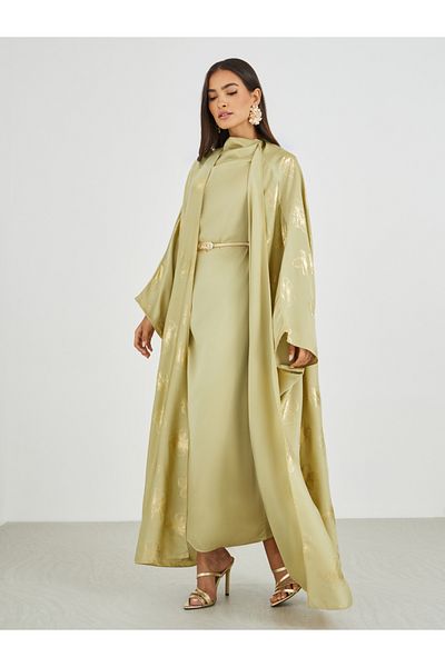 Styli Satin Cape Sleeve Printed Abaya Cowl Neck Maxi Dress with Belt Set