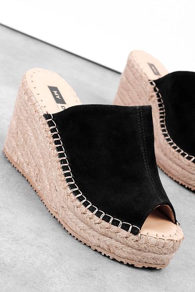 Lal Shoes & Bags Noise Women's Genuine Leather Open Front Nubuck Detailed Wedge Heeled Slippers-Black
