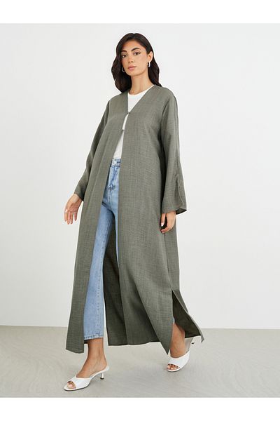 Styli Slit Sleeve A-Line Abaya with Button Detail