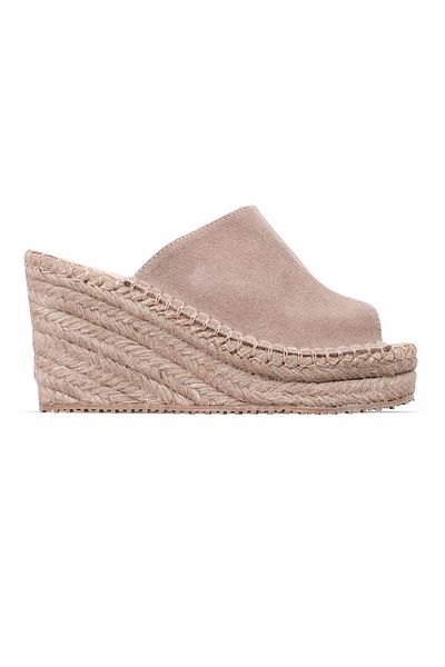 Lal Shoes & Bags Noise Women's Genuine Leather Open Front Nubuck Detailed Wedge Heeled Slippers-Mink