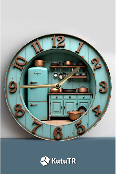 kutuTR 🕰️ Retro Mutfak Temalı Çift Katmanlı MDF Duvar Saati – 33 cm | 3D Görünümlü 2D HD Baskı Sdw361