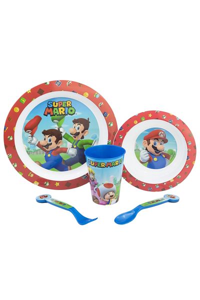 Disney 5-piece dinnerware set, plastic, BPA-free, multicolor, microwaveable, Super Mario
