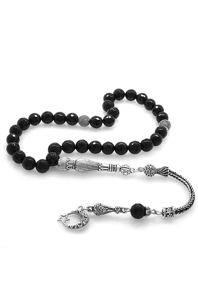 Tesbihane Tarnish-Free Metal Crescent and Star Tasseled Faceted Sphere Cut Onyx Natural Stone Rosary