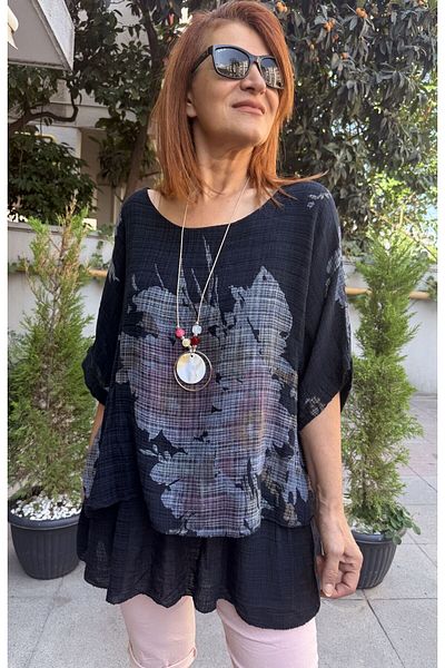 DenizEge Clara Floral Necklace Blouse Navy Blue