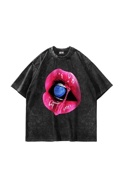 Sekizbiraltı Kiss Me Again Printed Oversize Unisex Πλενόμενο μαύρο μπλουζάκι
