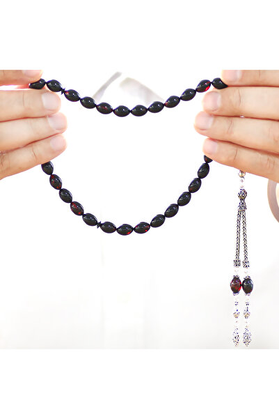 Tesbihane 925 проба срібла, подвійні китиці, різьблення у вигляді ячменю, червоно-чорний бурштин, чотки