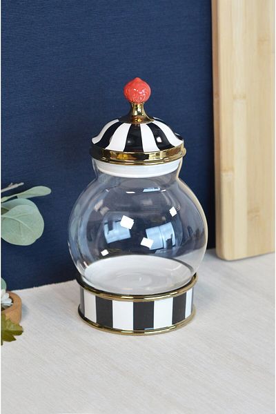 PONCİKPAZAR Leo Porcelain & Glass Top Black and White Battal Jar