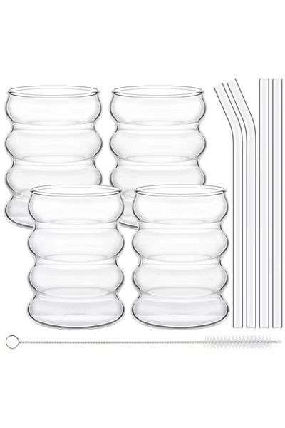 Choice 300ml SET 4pcs Creative Glass Cups Coffee Mug Clear Drinking Glasses Ribbed Glassware Cups With Stra