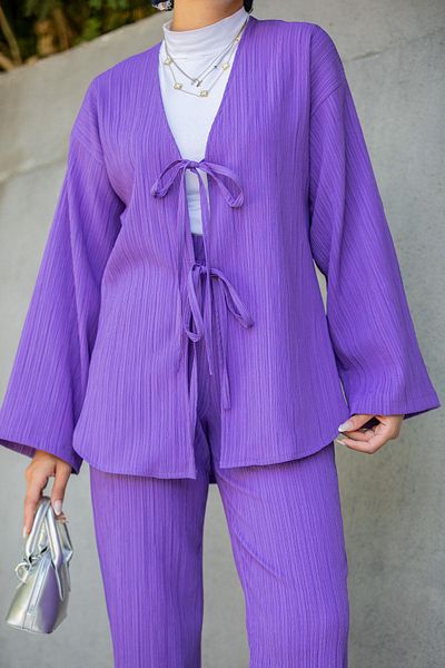 Tesettür Çarşım Mira Bürümcük Fabric Tunic Trousers Set-Purple