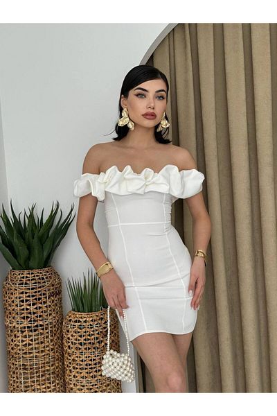 OLSAMODA Women's Atlas Fabric Collar Ruffle Low Sleeve Mini Pop Evening Dress