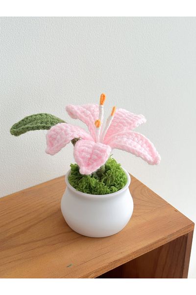 Choice Pink Flowers Hand-Knitted Lily Potted Delicate Crochet Woven Flowers Pot Mother's Day Gift