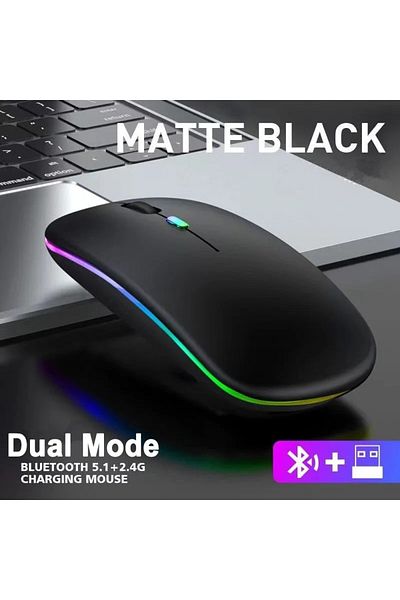 Kebidumei Black Wireless Mouse Bluetooth and 2.4GHz Dual Modes Rechargeable RGB Ergonomic Silent Click for PC