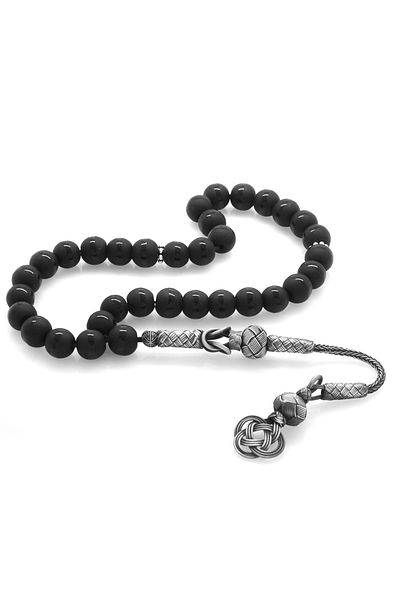 Tesbihane 1000 Sterling Silver Kazaz Tasseled Globe Cut Onyx Natural Stone Rosary
