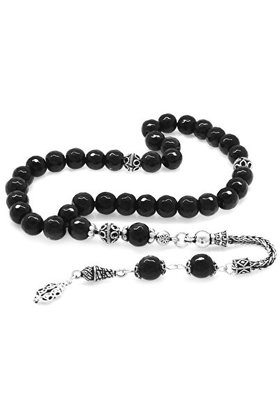 Tesbihane 925 проба срібний кулон з бахромою, фасетований кулястий онікс, натуральний камінь, чотки