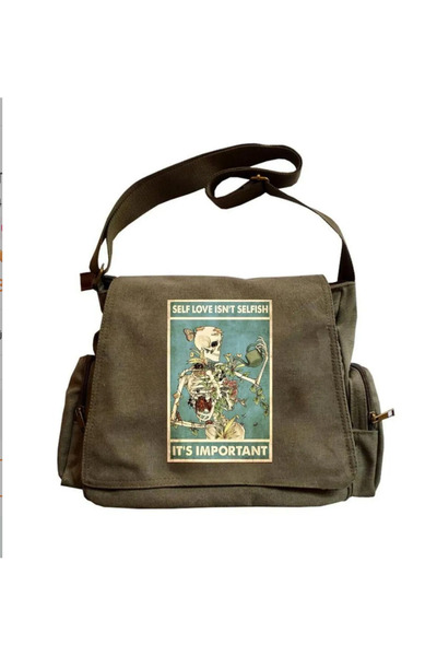 Minga London Geantă Messenger cu imprimeu schelet kaki cu flori -Ghostella
