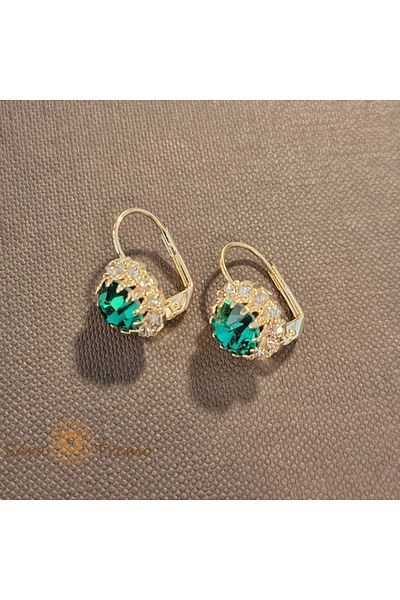 saratremo Classic Gold-Plated Earrings - Large Flower with Green Zirconia Crystal