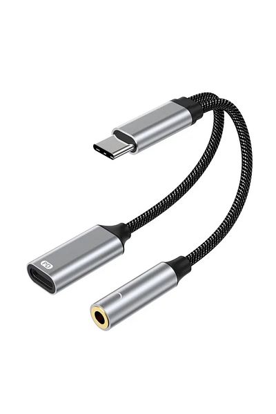 Choice رمادي 2 في 1 محول سماعة رأس وشاحن USB C إلى 3.5 مم منفذ USB C PD 3.0 إلى مقبس صوت Aux قناة سريعة