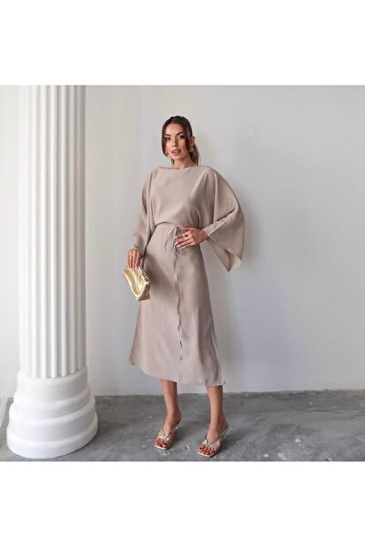 fatma keskin linna butik Kadın Amelia Modal Cupra Bel Kuşaklı Yarasa Kol Elbise