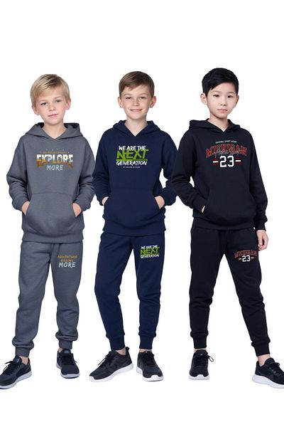 FYK COLLECTİON 3-Piece Boy's Kangaroo Pocket Hooded Printed Tracksuit Set