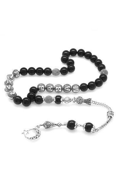 Tesbihane Non-Tarnish Metal Tasseled My Dear Dad Written Globe Cut Onyx Natural Stone Rosary