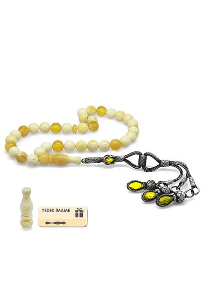 Tesbihane 1000 Sterling Silver Kazaz Tassels Sphere Cut King Seccer White - Yellow Moire Drop Amber Prayer Beads