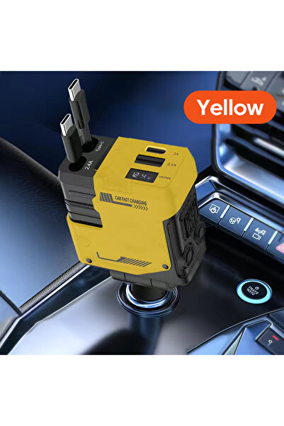 Choice شاحن سيارة 4 في 1 قابل للسحب من النوع C باللون الأصفر، بقوة 120 واط، ش...