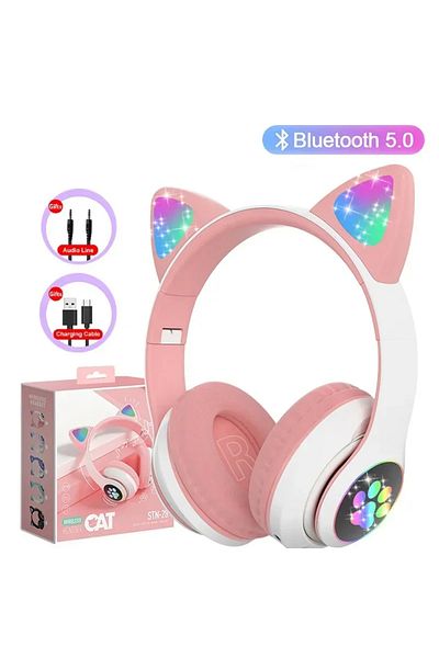 Vikefon Pink 2025 Flash Lamp Cute Cat Ears Headphone Bluetooth5.0 Stereo With Mic Support TF Card Wireless K