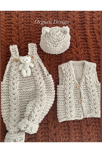 ÖRGÜCÜ DESİGN Puffy Baby Blanket Jumpsuit Cardigan Vest Beanie Set - Baby Suit