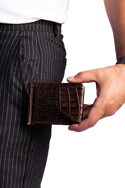 Niki Leather Rafel Brown Crocodile Genuine Leather Wallet with Money Clip and Magnet Cover