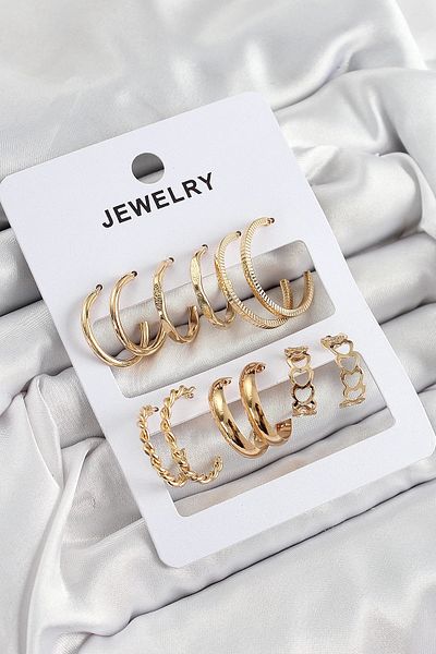 Clariss Brass Mixed Ring Model Gold Color 6 Pairs Women's Earring Set