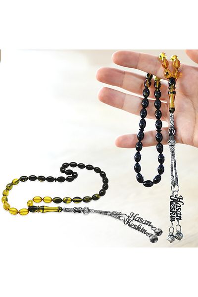 Tesbihane 1000 Sterling Silver Double Kazaz Tasseled Barley Cut Name Written Filtered Yellow Black Fire Amber Prayer Beads