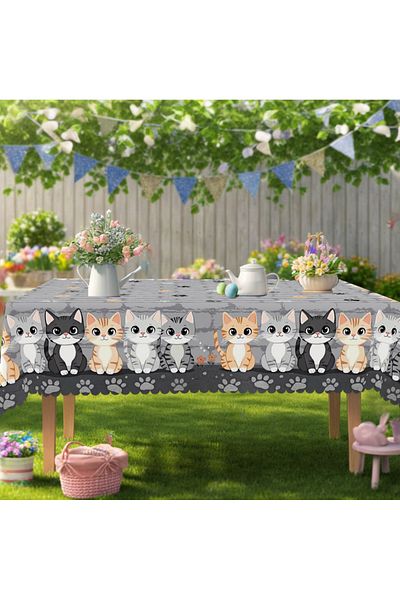 Choice Round(152)cm M018 1 Piece of Gray Retro Cute Cat Print Rectangular Tablecloth, Spring Cat, Cat Paw,