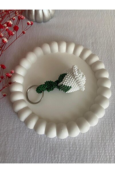 Handmade KUM BONCUK EL İŞİ MAT BEYAZ KÜÇÜK BOY GÜL ANAHTARLIK