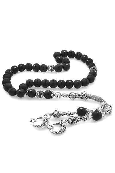Tesbihane Non-Tarnish Metal Crescent Star Tasseled Globe Cut Striped Onyx Natural Stone Rosary