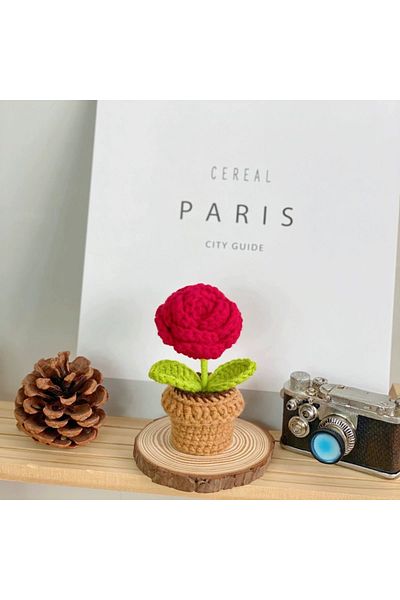 Choice rose flower Handmade Knitted Flower Pot Red Heart Shaped Knit Imitation Potted Plant for Valentine's