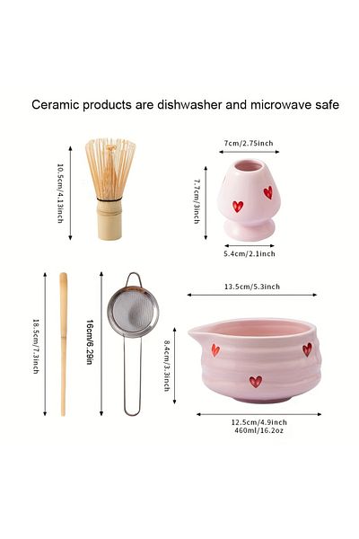 Choice Five-piece Set Pink Love 5 Pcs Adorable Pink Heart-Shaped Ceramic Matcha Bowl And Whisk Set - Cute J