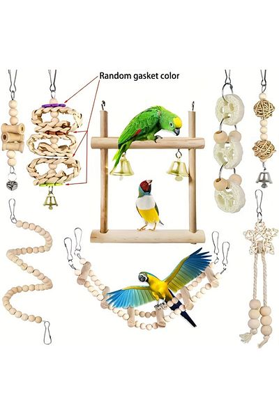 Choice 8Pcs 8pcs High-Quality Parrot Playset - Wooden Swing & Chew Toys for Birds, Stain-Free Pet Bird Ente