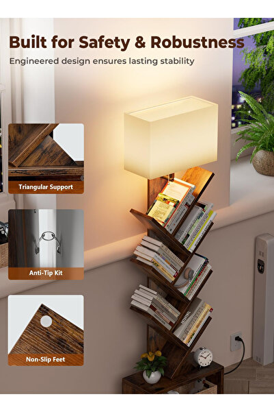 sharpdo مصباح أرضي من الخشب الصلب بست طبقات مع إضاءة لتخزين الكتب، مناسب لغرفة المعيشة