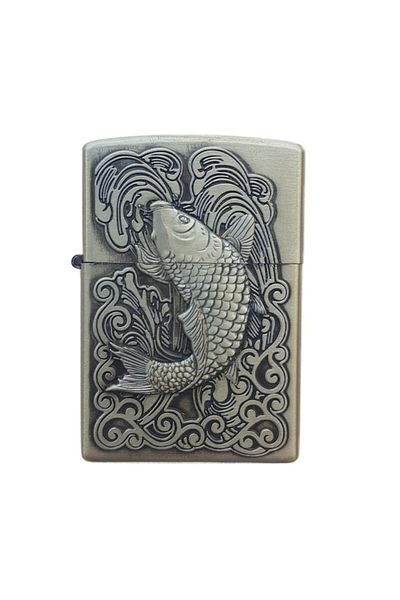 dalimag Metal lighter, 3D relief, gas, fishing model p2, green, box, 60 mm x 40 mm x 15 mm,
