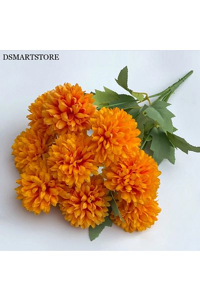 Choice Light Orange 9 Heads Artificial Flowers Ball chrysanthemum Hydrangea Home decor Green Plant Bouquet