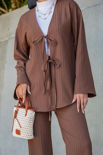 Tesettür Çarşım Mira Bürümcük Fabric Tunic Trousers Set-Brown