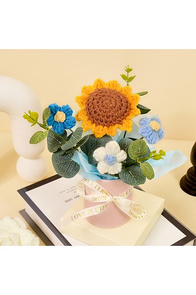 Choice One Size SKY BLUE 1PC Handmade Crochet Flower Bouquets, Crochet Knitted Fabric Rose & Sunflower Bouq