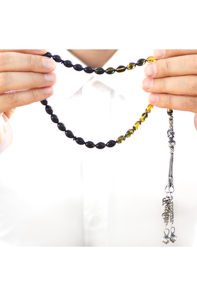 Tesbihane 1000 Sterling Silver Double Kazaz Tasseled Barley Cut Name Written Filtered Yellow Black Fire Amber Prayer Beads