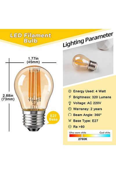 Choice 4w Yes E27 220V G45 4W Globe Light Bulbs Amber Glass LED Filament E27 Screw Base 220V 2700K 40W Equi