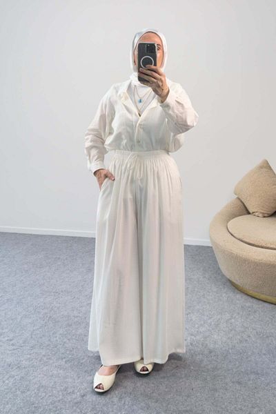 Hatun Atila Elastic Waist Casual Palazzo Modal Trousers 5221 - White
