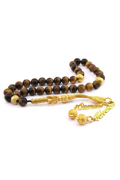 Tesbihane 1000 Sterling Silver Kazaz Name Written Tasseled Sphere Cut Tiger's Eye Natural Stone Prayer Beads